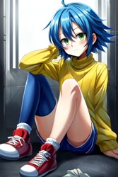 Size: 512x768 | Tagged: safe, ai art, sonic the hedgehog, human, asymmetrical legwear, blue hair, green eyes, humanized, male, shoes, shorts, single thighhigh, socks, sweater