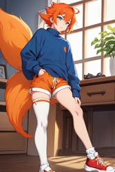 Size: 512x768 | Tagged: safe, ai art, miles "tails" prower, human, asymmetrical legwear, humanized, male, orange hair, shoes, shorts, single sock, single thighhigh, sweater