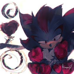 Size: 2000x2000 | Tagged: safe, artist:wolfychstuff, shadow the hedgehog, 2025, flower, frown, lidded eyes, looking down, rose, signature, simple background, solo, white background