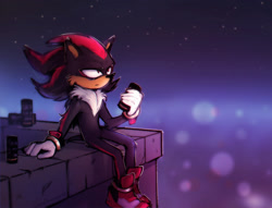 Size: 2195x1678 | Tagged: safe, artist:lonerdemiurgenail, shadow the hedgehog, abstract background, holding something, sitting, solo