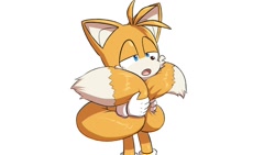 Size: 1248x702 | Tagged: safe, artist:seen023hey, miles "tails" prower, 2025, cute, holding tail, lidded eyes, looking offscreen, mouth open, simple background, solo, standing, white background