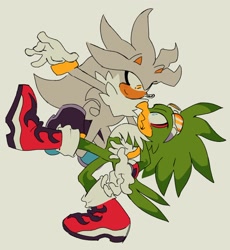 Size: 1536x1673 | Tagged: safe, artist:funnybonesfunny, jet the hawk, silver the hedgehog, 2025, crack shipping, duo, flat colors, flying, frown, gay, grey background, holding them, looking at each other, shipping, silvet, simple background, smile