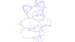 Size: 1248x702 | Tagged: safe, artist:seen023hey, miles "tails" prower, 2025, alternate version, cute, holding tail, lidded eyes, line art, looking offscreen, monochrome, mouth open, simple background, solo, standing, white background