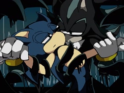 Size: 2048x1536 | Tagged: suggestive, artist:mizu-doke, mephiles the dark, sonic the hedgehog, 2025, abstract background, bondage, duo, gay, holding them, lidded eyes, liquid, looking at them, mephonic, shipping, tentacle