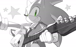 Size: 2047x1271 | Tagged: safe, artist:roastedgarlics2, sonic the hedgehog, 2025, clenched teeth, greyscale, guitar, holding something, leg up, looking at viewer, monochrome, simple background, smile, solo, spot color, star (symbol), white background