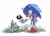 Size: 1814x1320 | Tagged: safe, artist:rneku64661, sonic the hedgehog, sonic frontiers, 2025, duo, exclamation mark, grass, hand on hip, koco, looking at them, mouth open, one fang, simple background, white background