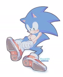 Size: 1590x1931 | Tagged: safe, artist:jazzmm15, sonic the hedgehog, 2025, blushing, cute, looking at something, mouth open, signature, simple background, sitting, soap shoes, solo, sonabetes, white background