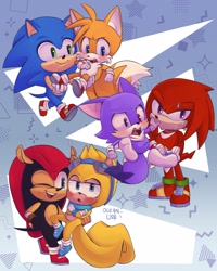 Size: 1639x2048 | Tagged: safe, artist:ocean_loop, mighty the armadillo, miles "tails" prower, ray the flying squirrel, sonic the hedgehog, oc, oc:odd the wolf, 2025, abstract background, blushing, carrying them, cute, group, heterochromia, knucklebetes, mightabetes, ocbetes, rayabetes, signature, sonabetes, tailabetes