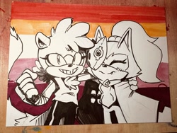 Size: 2048x1536 | Tagged: safe, artist:gigid_sonic, tangle the lemur, whisper the wolf, 2025, abstract background, arm around shoulders, black and white, duo, lesbian, lesbian pride, monochrome, pride, pride flag background, shipping, smile, standing, tangle x whisper, traditional media