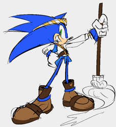 Size: 764x838 | Tagged: safe, artist:_________sxs, sonic the hedgehog, 2025, clenched teeth, flat colors, grey background, hand on hip, holding something, looking at viewer, mop, pirate outfit, simple background, sketch, smile, solo, standing