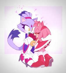 Size: 945x1046 | Tagged: safe, artist:glitchedcosmos, amy rose, blaze the cat, 2025, abstract background, amy x blaze, amybetes, blazebetes, blushing, cute, duo, eyes closed, flower, flower bouquet, heart, holding something, lesbian, looking at them, shipping, smile, standing