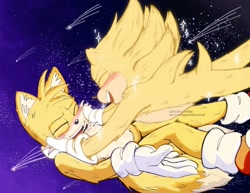 Size: 2048x1582 | Tagged: safe, artist:nonsafegay, miles "tails" prower, sonic the hedgehog, super sonic, 2025, abstract background, blushing, cute, duo, eyes closed, falling, gay, hands on another's face, mouth open, shipping, shooting star, smile, sonic x tails, sparkles, star (sky), super form, valentine's day