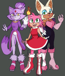 Size: 2048x2376 | Tagged: safe, artist:rineevee, amy rose, blaze the cat, rouge the bat, 2025, amybetes, cute, eye clipping through hair, fire, flame, grey background, lidded eyes, mouth open, simple background, smile, standing, trio