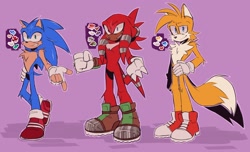 Size: 2048x1247 | Tagged: safe, artist:honestlynotgonnalie, knuckles the echidna, miles "tails" prower, sonic the hedgehog, comic:now what?, 2025, aged up, boots, fingerless gloves, heart, looking at viewer, older, outline, purple background, shadow (lighting), simple background, smile, team sonic, trio