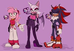 Size: 2048x1423 | Tagged: safe, artist:honestlynotgonnalie, amy rose, rouge the bat, shadow the hedgehog, comic:now what?, 2025, aged up, frown, lidded eyes, looking at viewer, older, outline, purple background, shadow (lighting), simple background, smile