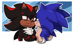 Size: 1625x992 | Tagged: safe, artist:discosmackdown, shadow the hedgehog, sonic the hedgehog, 2025, abstract background, bust, duo, frown, gay, lidded eyes, looking at each other, outline, shadow x sonic, shipping, signature, smile, top surgery scars, trans male, transgender