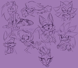 Size: 2048x1792 | Tagged: safe, artist:honestlynotgonnalie, amy rose, blaze the cat, knuckles the echidna, miles "tails" prower, rouge the bat, shadow the hedgehog, silver the hedgehog, sonic the hedgehog, comic:now what?, 2024, group, line art, monochrome, purple background, signature, simple background