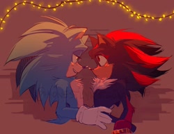 Size: 2048x1581 | Tagged: safe, artist:honestlynotgonnalie, shadow the hedgehog, sonic the hedgehog, 2024, abstract background, duo, gay, light, lights, looking at each other, movie style, shadow x sonic, shipping, signature, smile