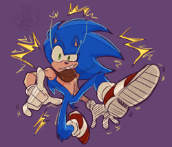 Size: 2048x1754 | Tagged: safe, artist:honestlynotgonnalie, sonic the hedgehog, sonic x shadow generations, 2024, bandana, looking at viewer, pointing, purple background, signature, simple background, smile, solo