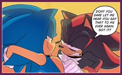 Size: 2048x1256 | Tagged: safe, artist:honestlynotgonnalie, shadow the hedgehog, sonic the hedgehog, 2025, abstract background, border, clenched teeth, dialogue, duo, english text, frown, gay, idw style, lidded eyes, looking at each other, shadow x sonic, shipping, smile, speech bubble, style emulation