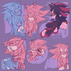 Size: 2048x2048 | Tagged: safe, artist:honestlynotgonnalie, shadow the hedgehog, sonic the hedgehog, comic:now what?, 2025, drink, drinking, duo, frown, g.u.n logo, gay, gum, hand in pocket, hands behind head, holding hands, holding something, jacket, looking at each other, looking at viewer, monochrome, purple background, shadow x sonic, shipping, signature, simple background, smile, smoothie