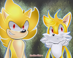 Size: 1280x1024 | Tagged: safe, artist:kookiestar22, miles "tails" prower, sonic the hedgehog, super sonic, super tails, 2021, clenched teeth, duo, looking at viewer, signature, simple background, smile, sonic and tails r (series), super form