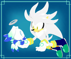 Size: 1280x1054 | Tagged: safe, artist:segamew, silver the hedgehog, chao, 2021, border, chaobetes, cute, duo, gradient background, lineless, looking at each other, mouth open, signature, smile, sonic and tails r (series)