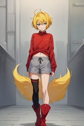 Size: 512x768 | Tagged: safe, ai art, miles (anti-mobius), human, asymmetrical legwear, blue eyes, boots, humanized, male, shorts, single thighhigh, solo, sweater, yellow hair