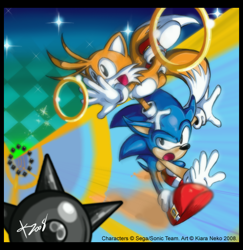 Size: 622x640 | Tagged: safe, artist:kiaraneko, miles "tails" prower, sonic the hedgehog, sonic the hedgehog 2, 2008, abstract background, bomb, classic sonic, classic tails, duo, looking at something, looking offscreen, mouth open, ring, running, signature, smile, sparkles, special stage