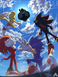 Size: 1800x2400 | Tagged: safe, artist:azizdraws, knuckles the echidna, miles "tails" prower, robotnik, shadow the hedgehog, sonic the hedgehog, 2021, abstract background, clouds, daytime, eggmobile, flying, from behind, group, mid-air, outdoors, signature, spinning tails