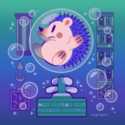 Size: 3000x3000 | Tagged: safe, artist:mightysen, sonic the hedgehog, hydrocity zone, 2020, abstract background, animalified, bubble, cute, fan, frown, paws, signature, solo, sonic the hedgehog 3, sparkles, spear, underwater