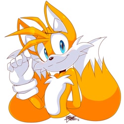 Size: 736x736 | Tagged: dead source, safe, artist:toxicsoul77, miles "tails" prower, blushing, hands behind back, looking at viewer, signature, simple background, smile, solo, white background