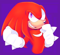 Size: 2048x1873 | Tagged: safe, artist:toxicsoul77, knuckles the echidna, 2018, clenched fists, clenched teeth, looking up, purple background, sharp teeth, simple background, smile, solo