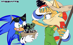 Size: 1709x1068 | Tagged: safe, artist:risziarts, sally acorn, sonic the hedgehog, chipmunk, hedgehog, alternate outfit, au:sonic world travel, blue power pattern, celebration, cyan power pattern, duo, earth day, hat, sally x sonic, straight, sunglasses, tree