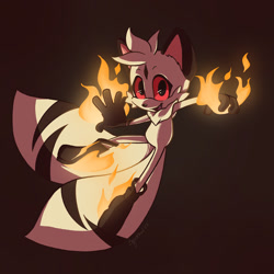 Size: 2048x2048 | Tagged: safe, artist:squorkalart, miles "tails" prower, 2022, brown background, brown gloves, brown shoes, crossover, fire, flame, kilala, looking at viewer, mouth open, red sclera, signature, simple background, smile, solo, style emulation