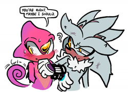 Size: 1683x1216 | Tagged: safe, artist:mstormcloud, espio the chameleon, silver the hedgehog, 2025, blushing, covering mouth, cute, dialogue, duo, english text, flat colors, frown, gay, looking at them, looking away, question mark, sfx, shipping, silvio, simple background, speech bubble, sweatdrop, top surgery scars, trans male, transgender, white background