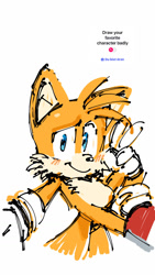 Size: 750x1334 | Tagged: safe, artist:thatbirdguy_, miles "tails" prower, 2025, looking at viewer, simple background, sketch, smile, solo, v sign, white background