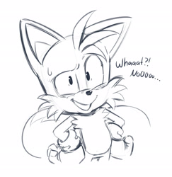 Size: 1990x2048 | Tagged: safe, artist:thatbirdguy_, miles "tails" prower, 2025, clenched teeth, dialogue, english text, hands behind back, line art, looking at viewer, monochrome, shrunken pupils, simple background, smile, solo, standing, sweatdrop, white background