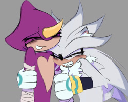 Size: 1520x1208 | Tagged: safe, artist:rwmsicle, espio the chameleon, silver the hedgehog, 2025, blushing, cute, duo, espibetes, eyes closed, gay, grey background, shipping, silvabetes, silvio, simple background, smile, standing