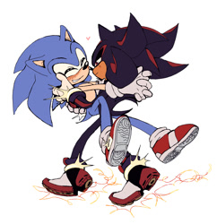 Size: 1357x1400 | Tagged: safe, artist:melon-bunbuns, shadow the hedgehog, sonic the hedgehog, 2025, blushing, carrying them, duo, eyes closed, gay, heart, holding each other, lidded eyes, looking at them, shadow x sonic, shipping, simple background, smile, white background