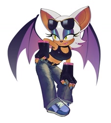 Size: 1300x1440 | Tagged: safe, artist:heynovadraws, rouge the bat, 2025, bending over, blushing, crop top, fingerless gloves, hand on hip, jeans, lidded eyes, looking offscreen, simple background, smile, solo, sunglasses, white background