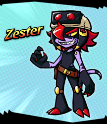 Size: 734x849 | Tagged: safe, artist:sirdusterbuster, oc, oc:zester the zeti, zeti, 2025, abstract background, character name, claws, goggles, hat, oc only, smile, solo, standing