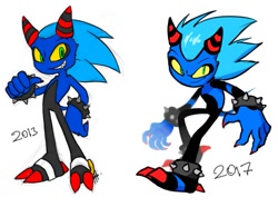 Size: 855x636 | Tagged: safe, artist:ketdarkdragon, sonic the hedgehog, oc, oc:sonic the zeti, zeti, 2017, character name, looking at viewer, redraw, simple background, smile, solo, species swap, standing, white background, yellow sclera, zetified