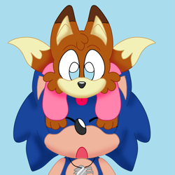 Size: 609x609 | Tagged: safe, artist:dragon22551, miles "tails" prower, sonic the hedgehog, sonic underground, 2023, aged down, alternate universe, baby, blue background, cute, duo, eyes closed, looking at them, mouth open, necklace, simple background, sweater, tongue out