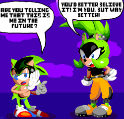 Size: 2560x2464 | Tagged: safe, artist:i-like-sonic-91, surge the tenrec, oc, oc:ashura the hedgehog, hedgehog, 2024, abstract background, dialogue, duo, english text, speech bubble, standing