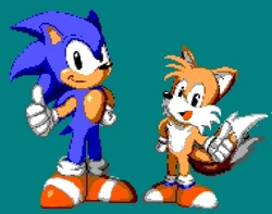 Size: 736x580 | Tagged: safe, artist:hfalante, miles "tails" prower, sonic the hedgehog, 2023, classic sonic, classic tails, duo, looking at viewer, pixel art, redraw, simple background, smile, sonic chaos, standing, thumbs up, turquoise background