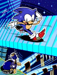 Size: 1552x2048 | Tagged: safe, artist:segasteven, sonic the hedgehog, 2020, abstract background, badnik, classic sonic, duo, gigalopolis zone, looking at each other, metal-o-turtle, mouth open, nighttime, outdoors, outline, robot, sonic chaos, star (sky), sweatdrop