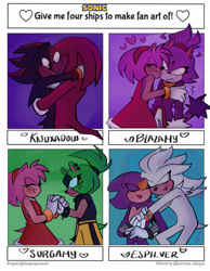 Size: 2048x2637 | Tagged: safe, artist:liotharmony, amy rose, blaze the cat, espio the chameleon, knuckles the echidna, shadow the hedgehog, silver the hedgehog, surge the tenrec, 2025, amy x blaze, blushing, crack shipping, cute, english text, four fanarts, gay, group, heart, holding hands, hugging, knuxadow, ship name, shipping, silvio, surgamy