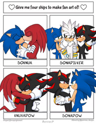 Size: 1400x1810 | Tagged: safe, artist:fennecp, knuckles the echidna, shadow the hedgehog, silver the hedgehog, sonic the hedgehog, 2025, blushing, four fanarts, gay, group, holding hands, hugging, kiss, knuxadow, knuxonic, lidded eyes, polyamory, shadow x silver, shadow x sonic, ship name, shipping, smile, sonadilver, sonilver