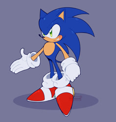 Size: 2048x2156 | Tagged: safe, artist:emistations, sonic the hedgehog, 2025, blushing, clenched teeth, looking offscreen, purple background, shadow (lighting), signature, simple background, smile, solo, standing